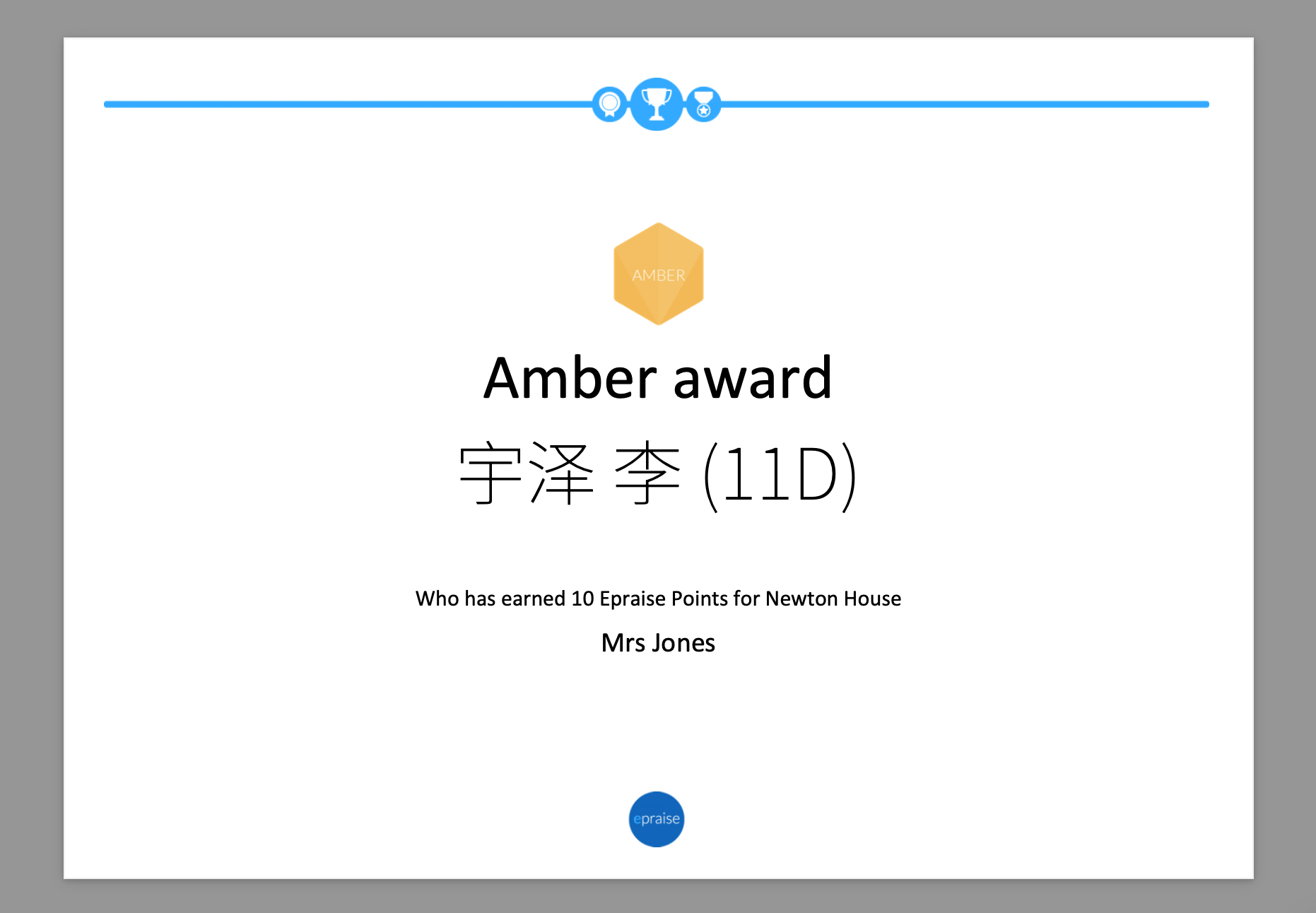 ePraise milestone certificate