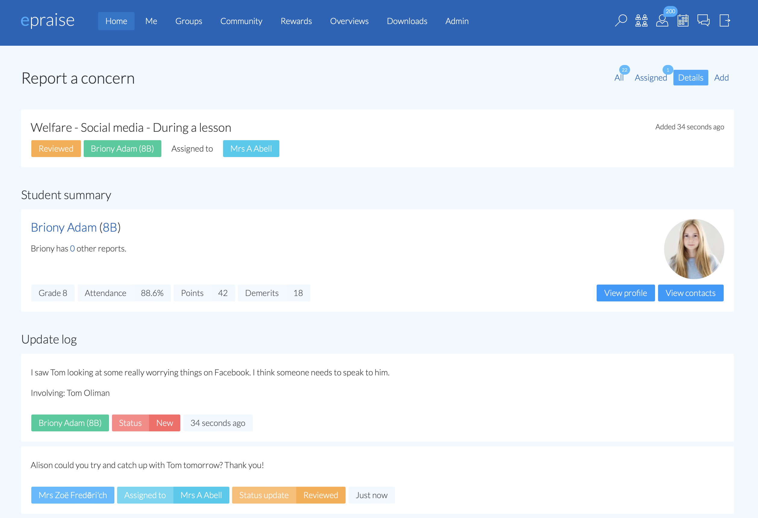 ePraise incident report details page
