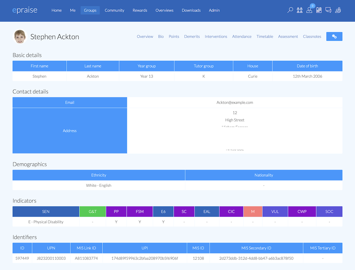 ePraise student details page